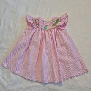 Claire & Charlie 9 months smocked pink & white seersucker golf design VGUC